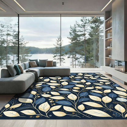 Navy Blue Cream Leafy Vine Rug