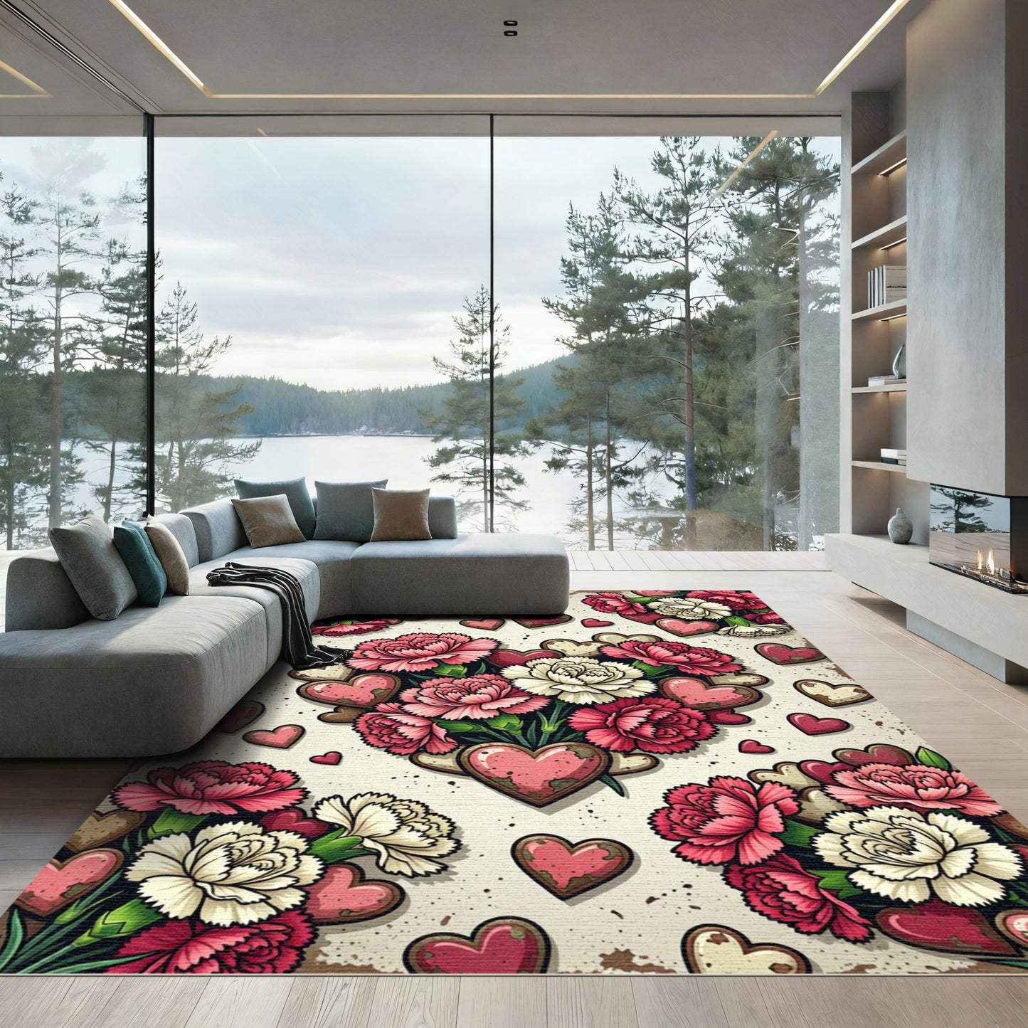 Vintage Romantic Carnation and Heart Art Rug