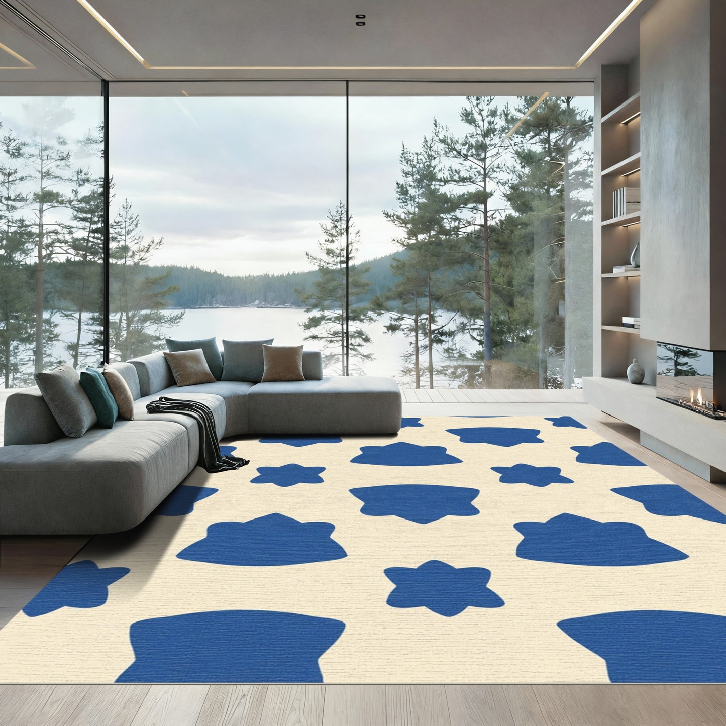 Deep Blue Abstract Floral Accents Rug