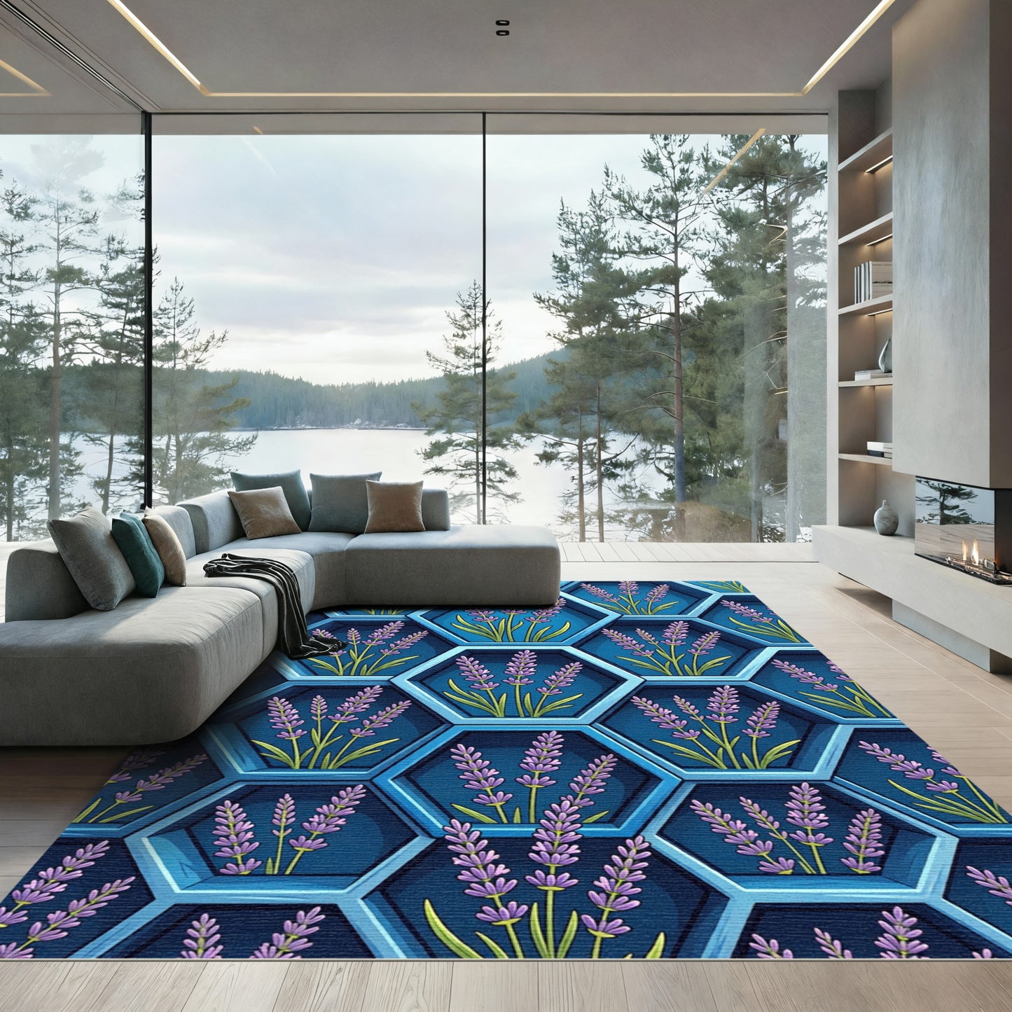 Lavender Hexagon Blue Floral Geometric Rug