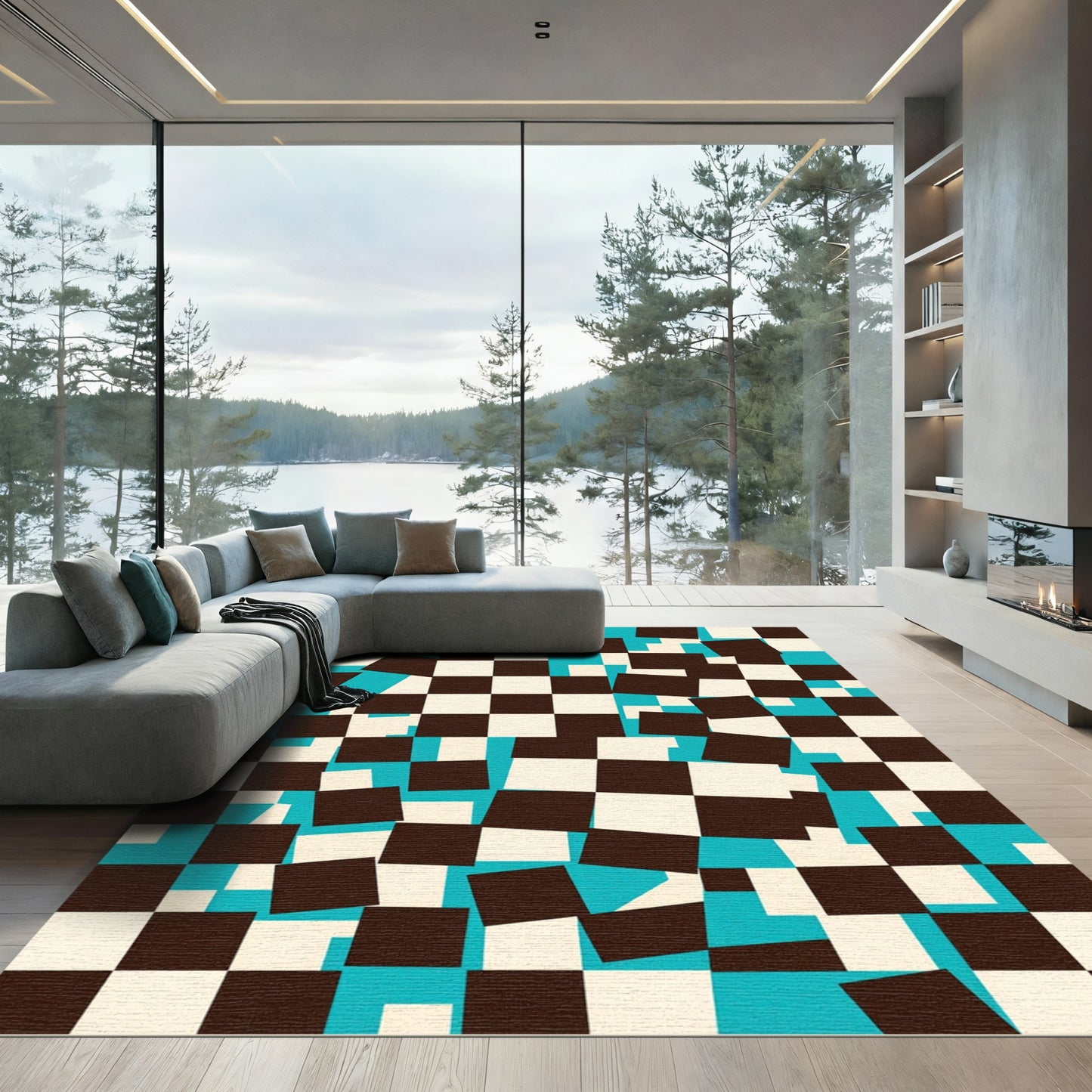 Abstract Teal and Chocolate Geometric Checkerboard Rug
