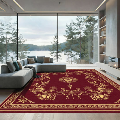 Crimson Golden Floral Medallion Border Rug