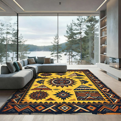 Golden Earthy Tribal Geometric Sun Art Rug