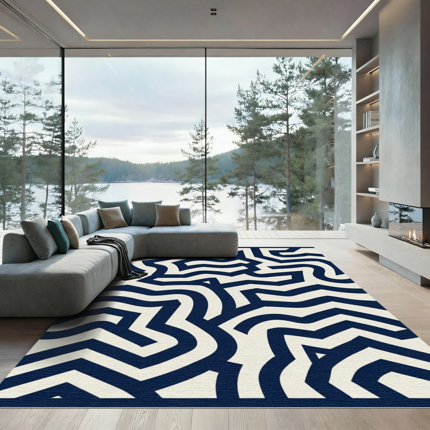Navy Cream Maze Lines Rug