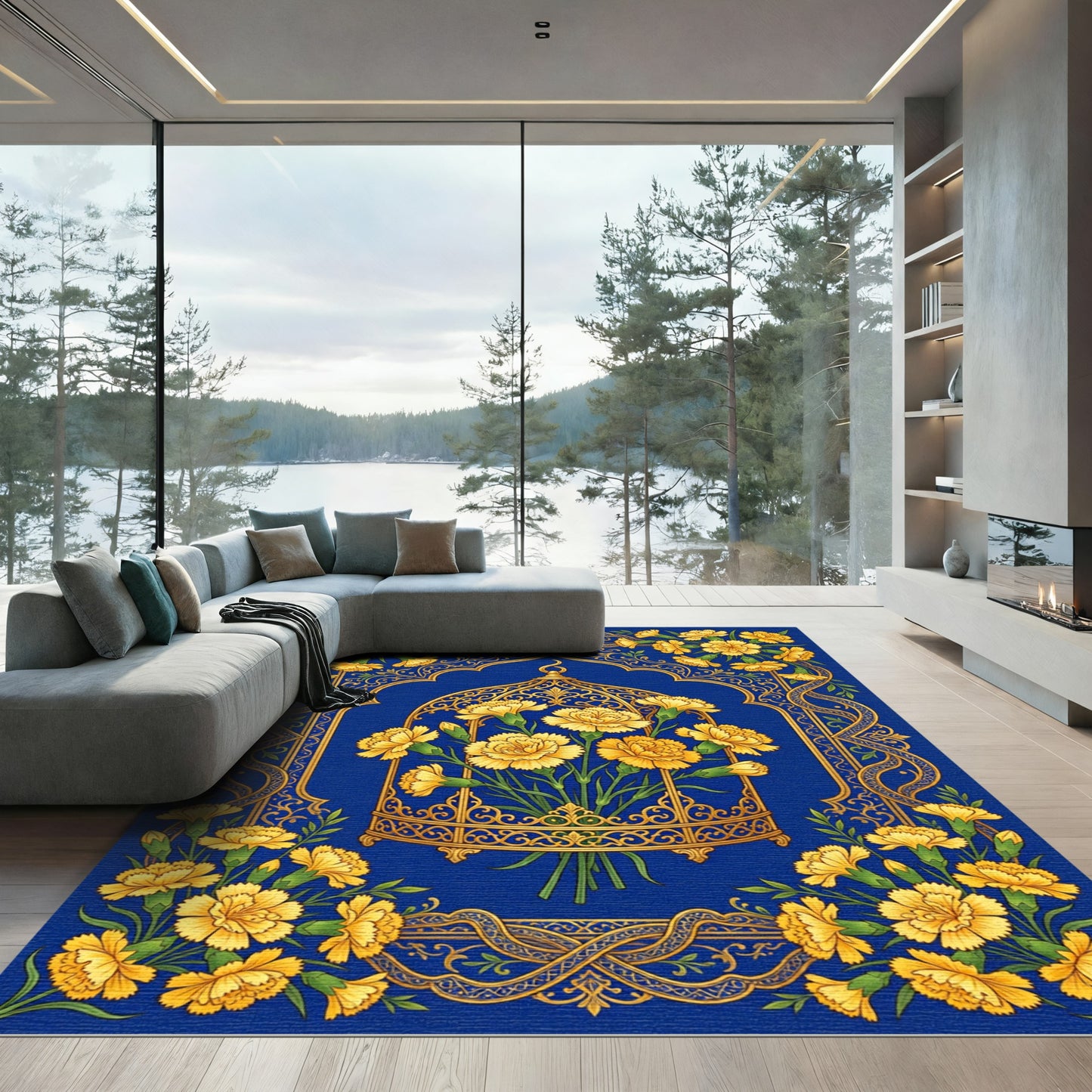Golden Carnation Floral Cage Royal Blue Rug