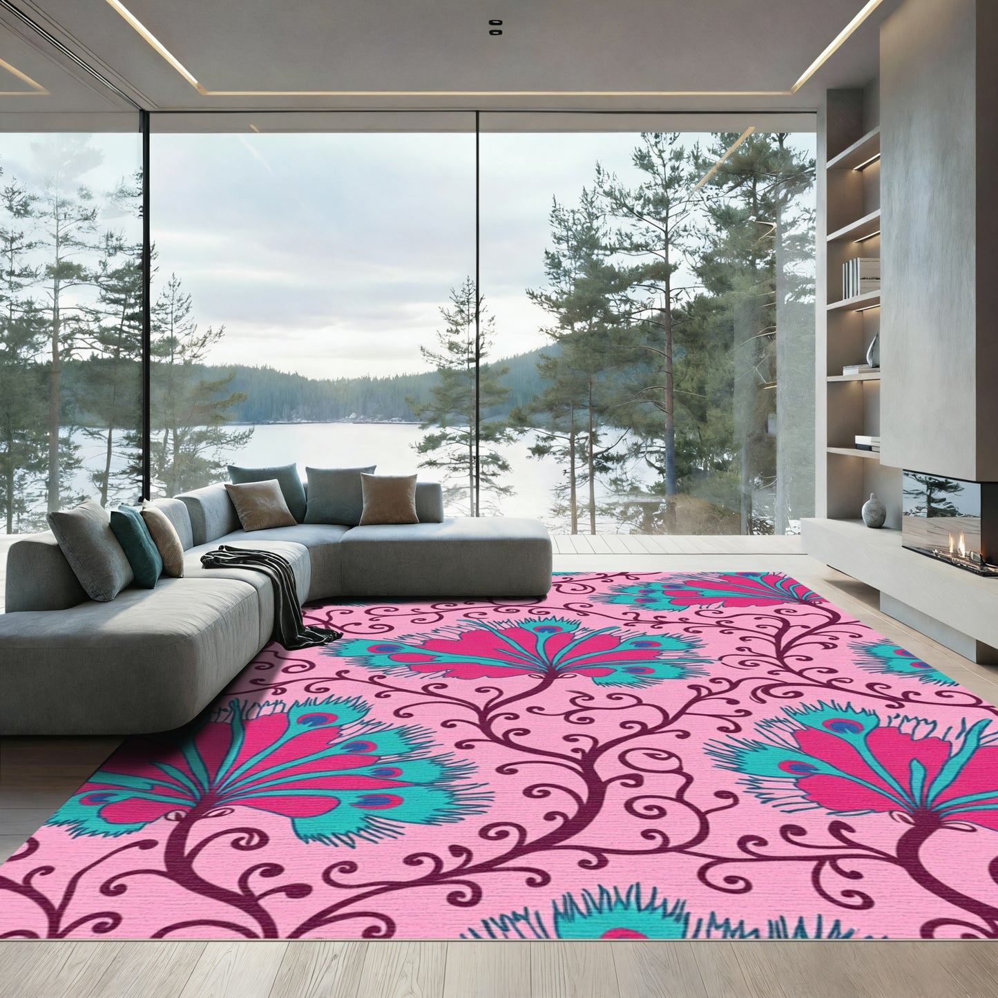 Pink Peacock Feather Floral Scroll Rug
