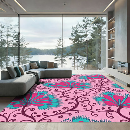 Pink Peacock Feather Floral Scroll Rug