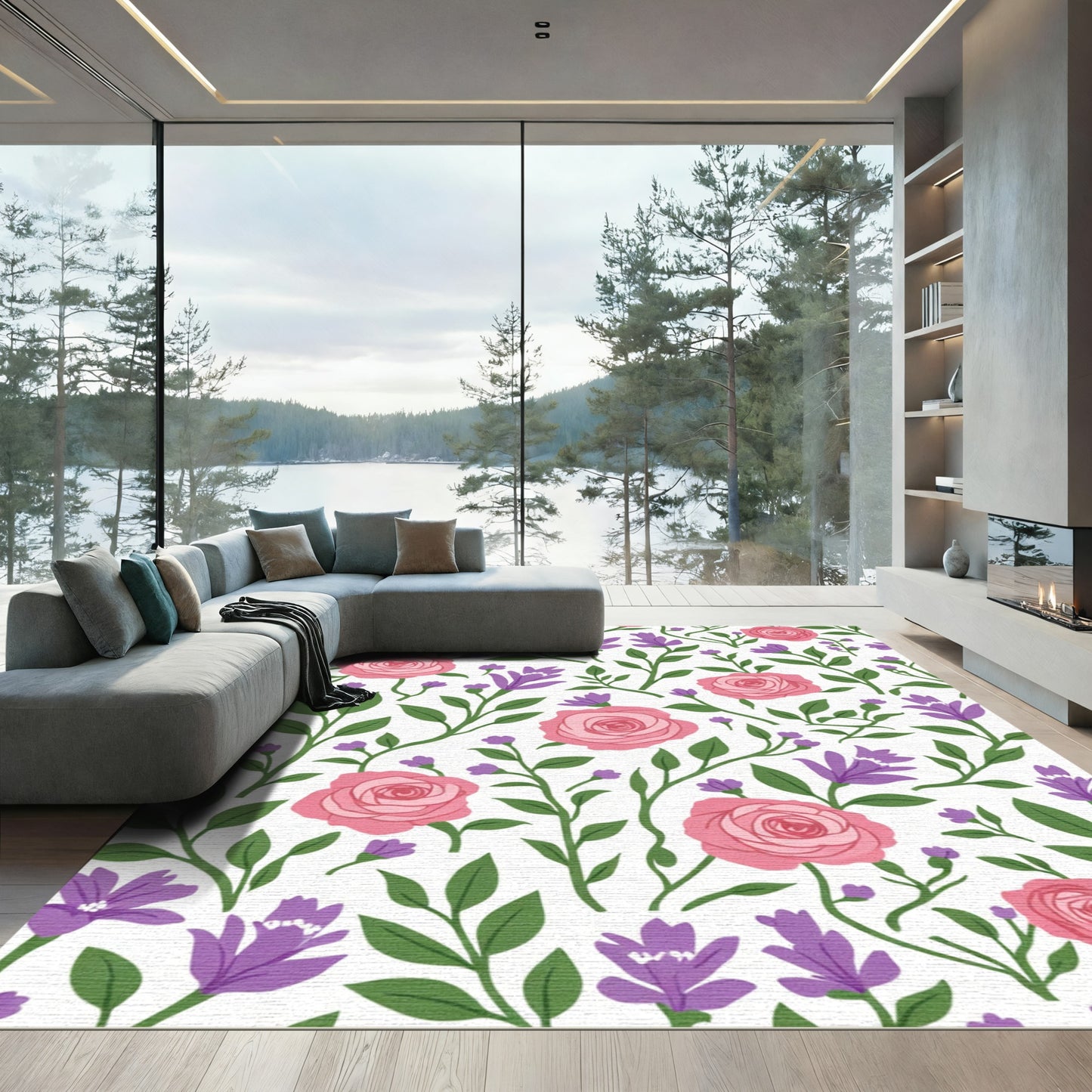 Pink Rose Purple Flower Garden Rug