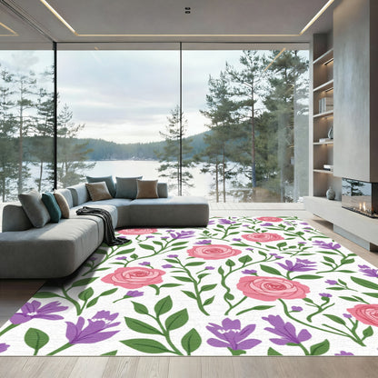 Pink Rose Purple Flower Garden Rug