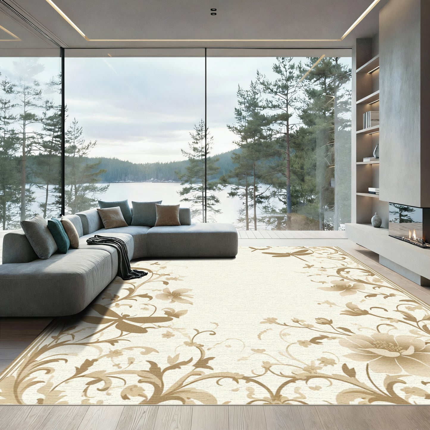 Tawny Dragonfly Floral Border Rug