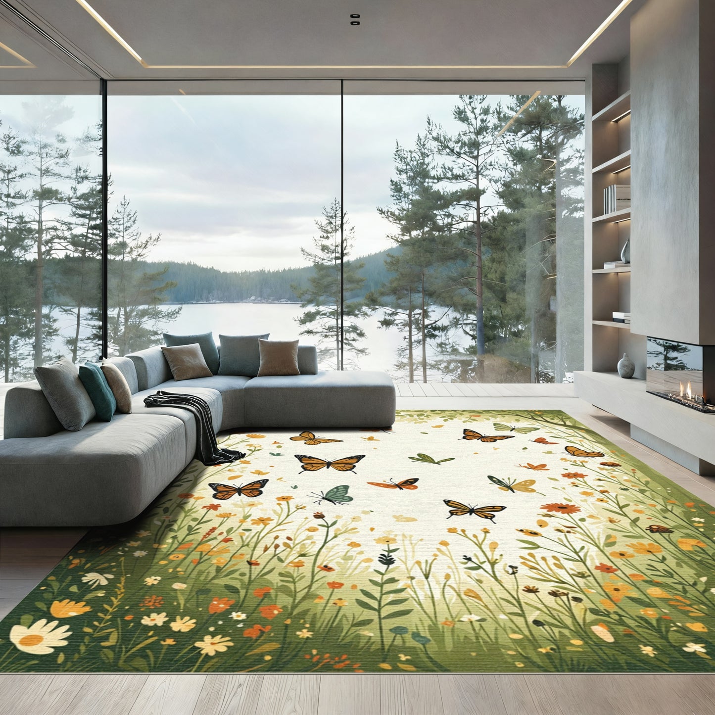 Vibrant Orange Butterfly Meadow Garden Rug