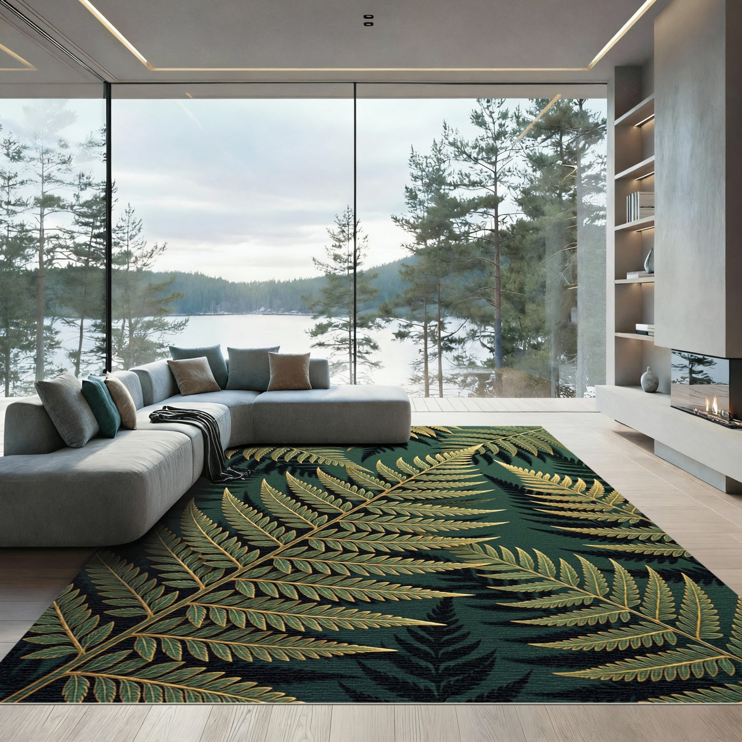 Golden Fern Foliage Botanical Emerald Rug