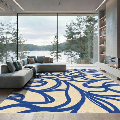 Cream Blue Abstract Organic Swirl Rug