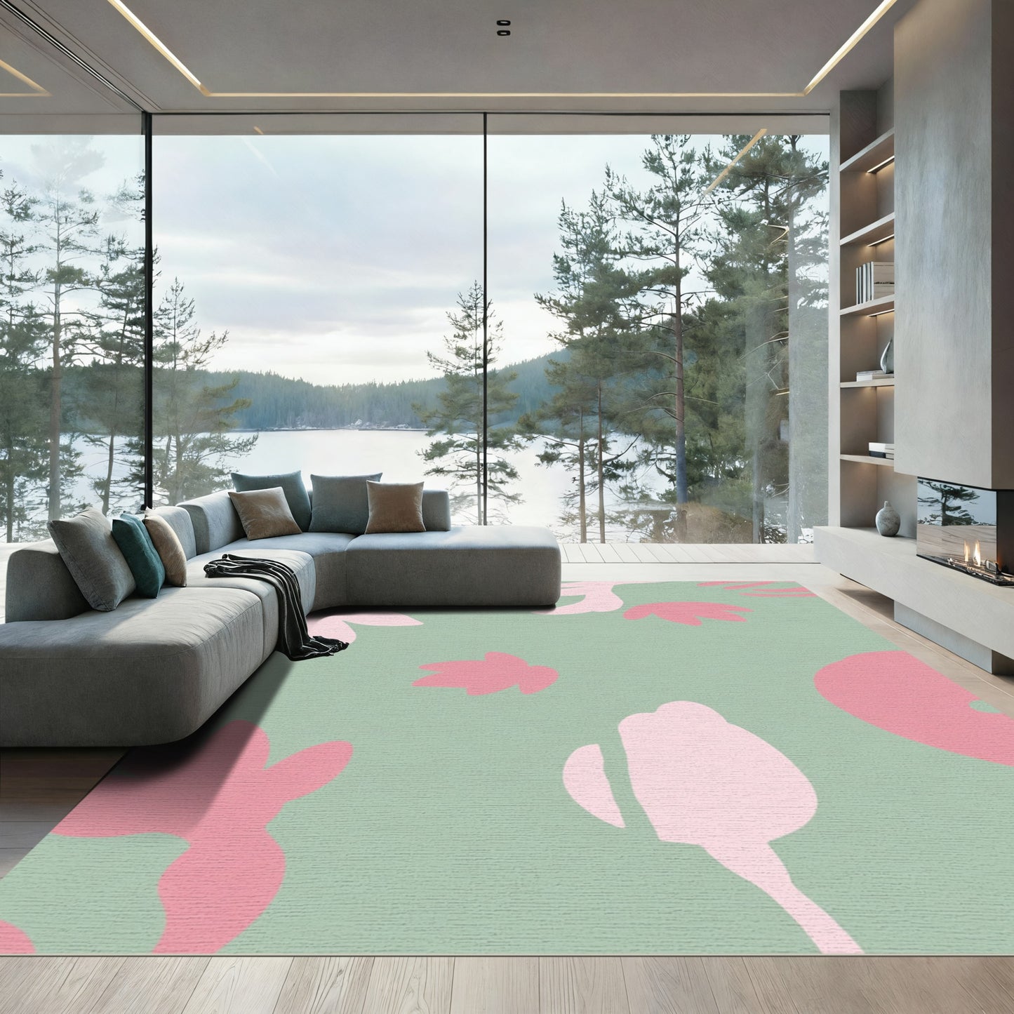 Pale Pink Blobs On Sage Background Rug