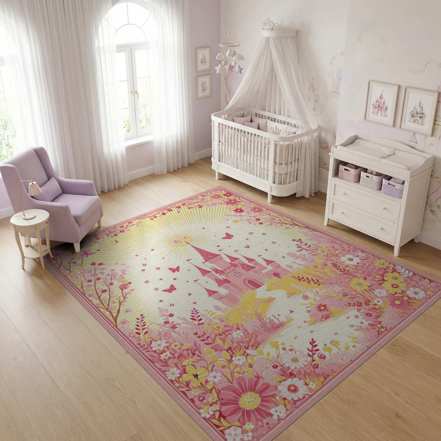 Whimsical Pink Castle Butterflies Floral Rug