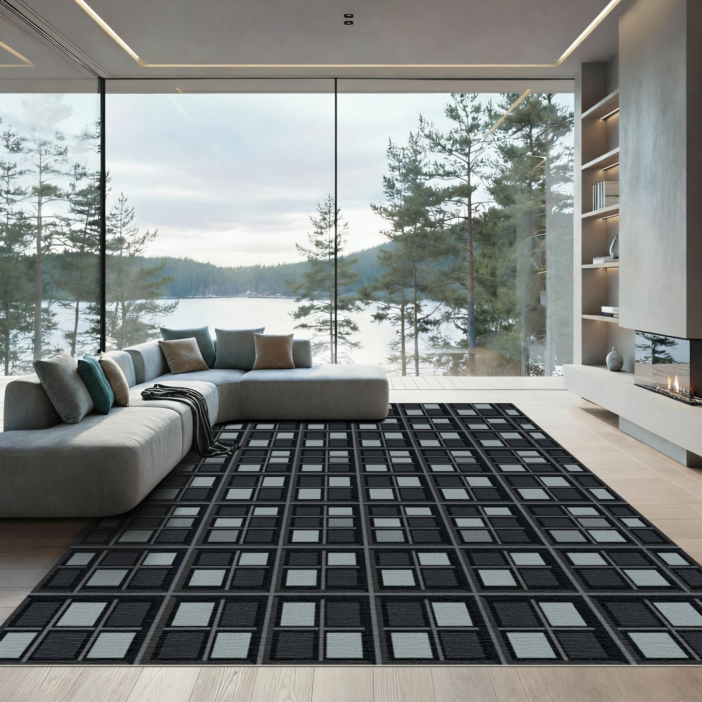 Dark Gray Geometric Square Grid Rug