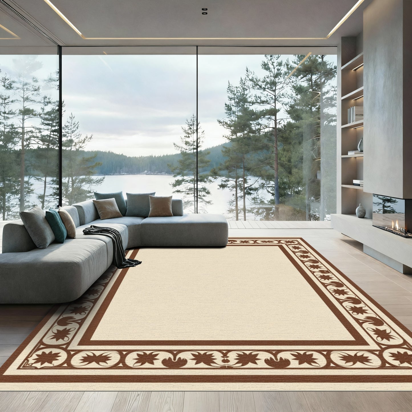 Brown Floral Star Border Frame Rug