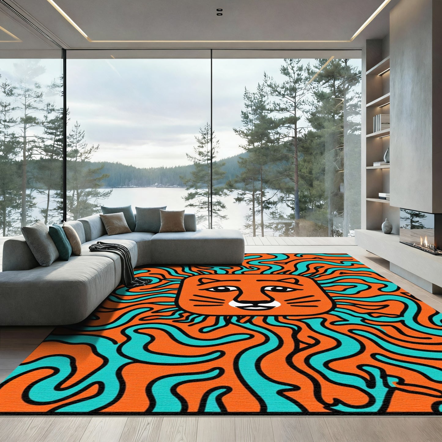 Orange Turquoise Swirl Lion Face Rug