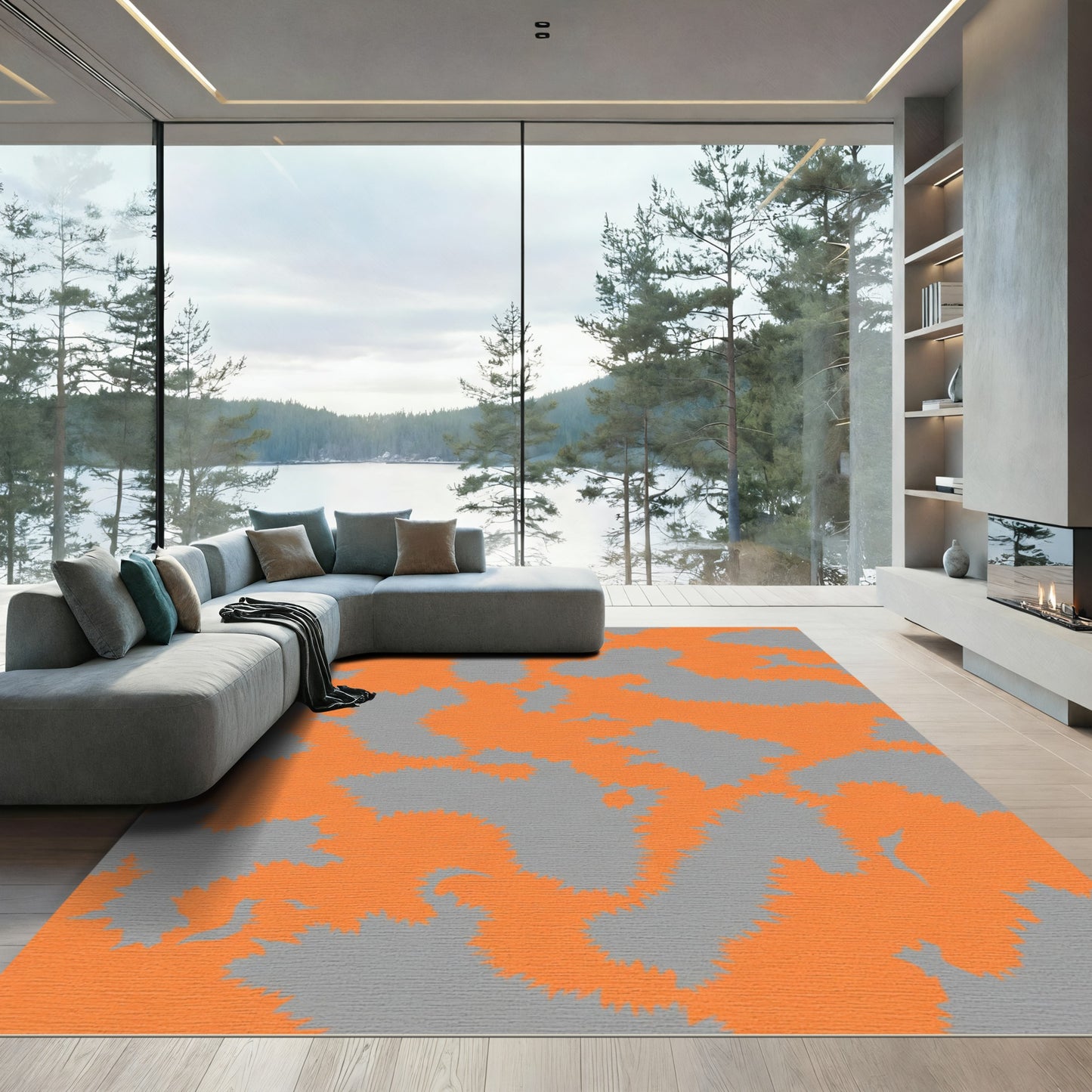 Orange Gray Abstract Camouflage Composition Rug