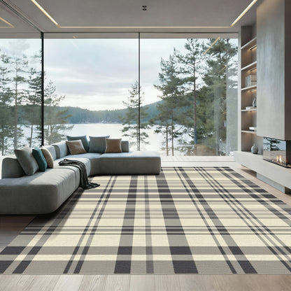 Classic Beige Charcoal Plaid Weave Rug