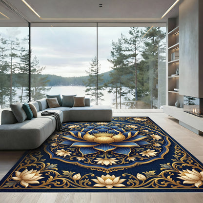 Elegant Gold and Navy Lotus Mandala Rug