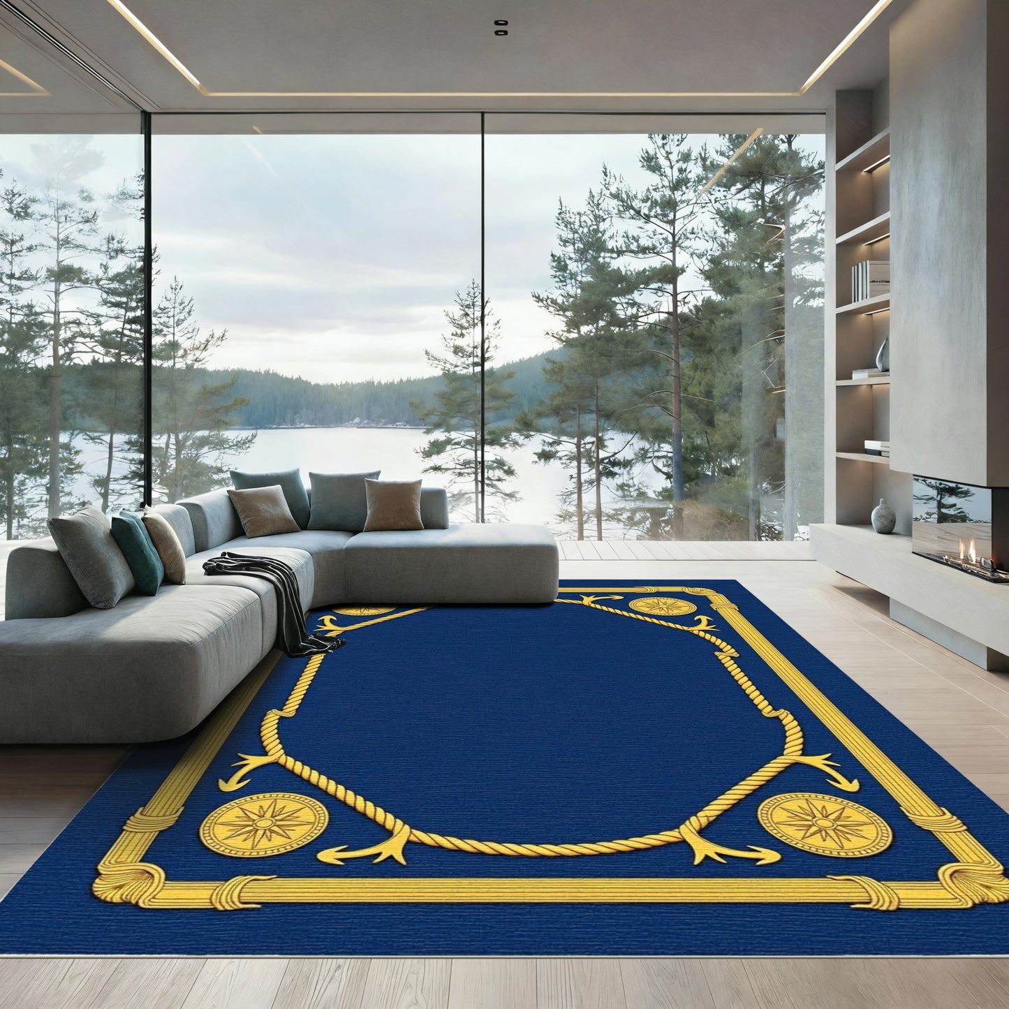 Deep Blue Golden Nautical Rope Border Rug