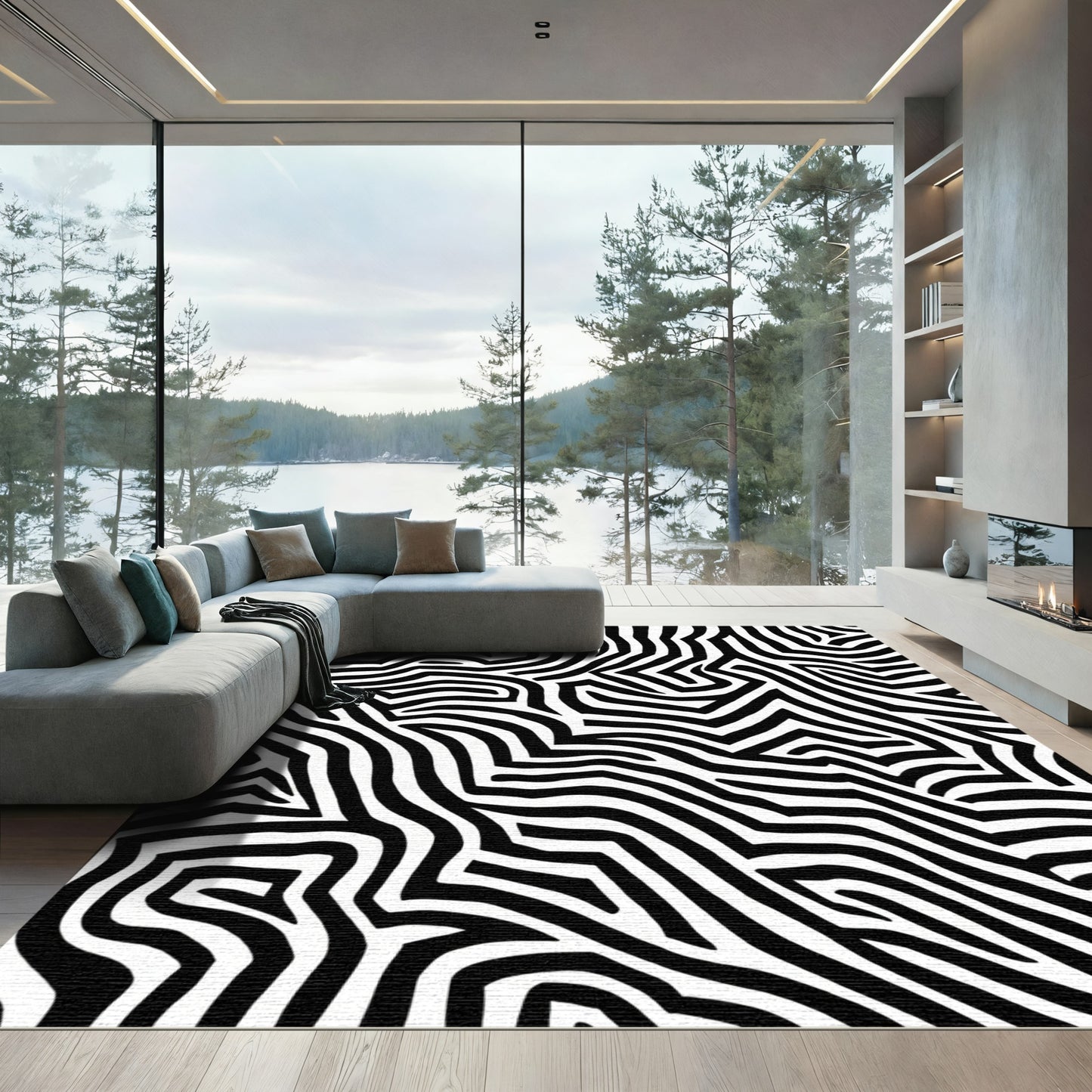 Bold Black White Abstract Zebra Waves Rug