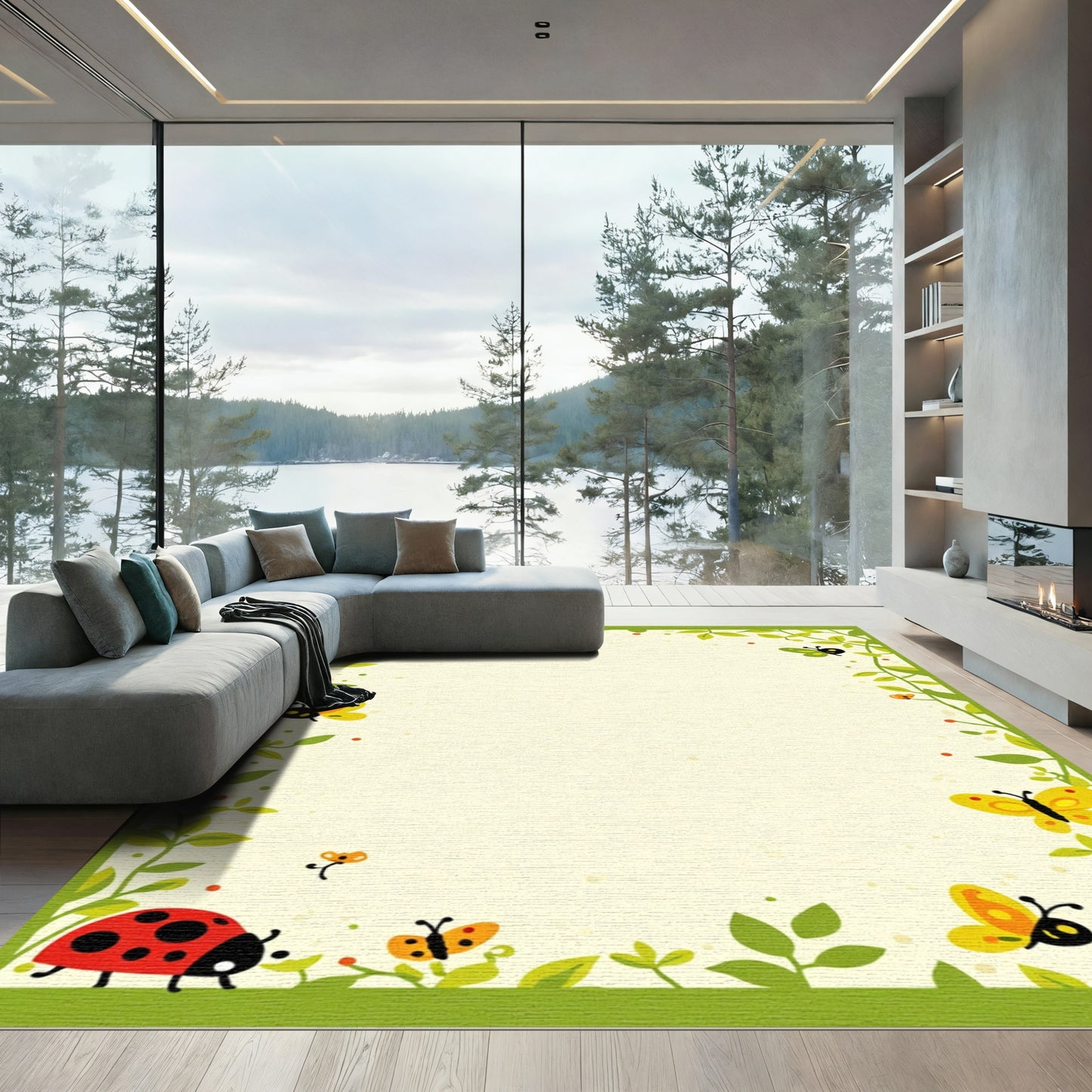 Whimsical Ladybugs and Butterflies Border Rug