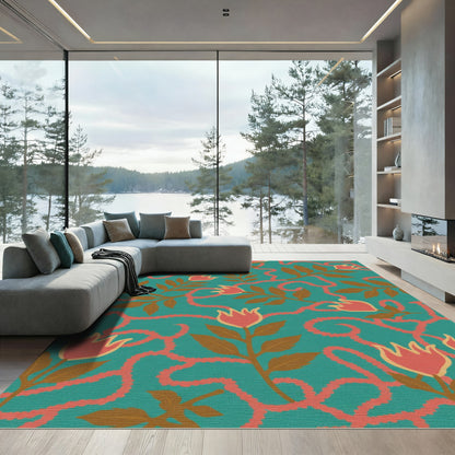 Coral Pink Floral Vine Teal Rug