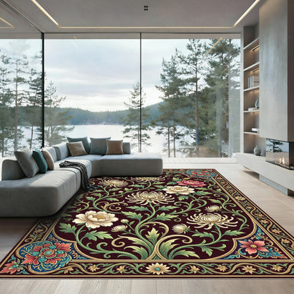 Elegant Chrysanthemum Bloom Cream Dark Burgundy Rug