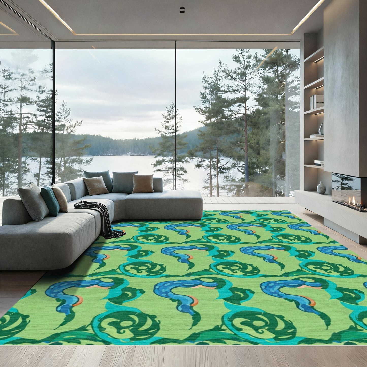 Green Blue Serpent Swirl Repeat Rug