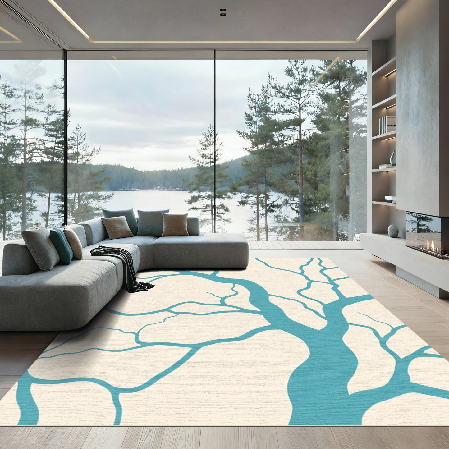 Teal Branch Natural Tree Silhouette Rug