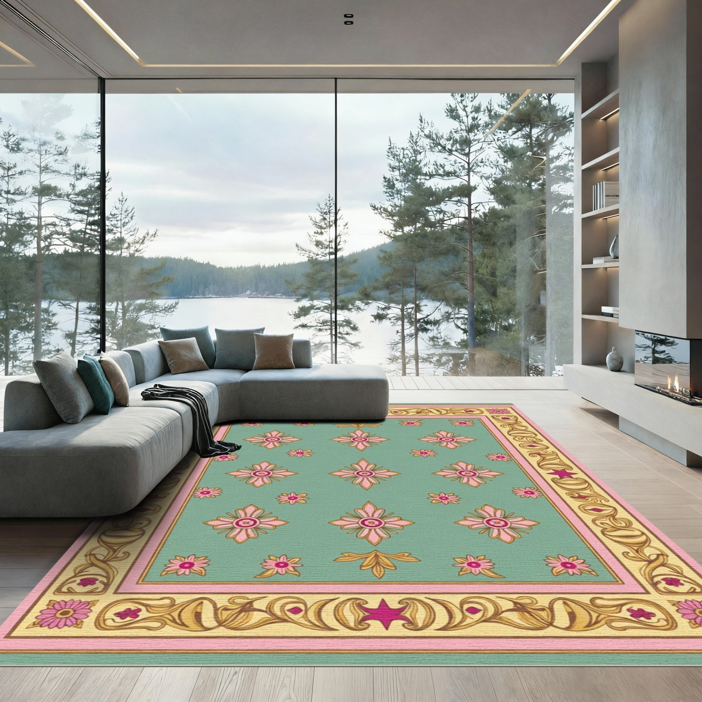 Pastel Pink Floral Medallion Border Rug