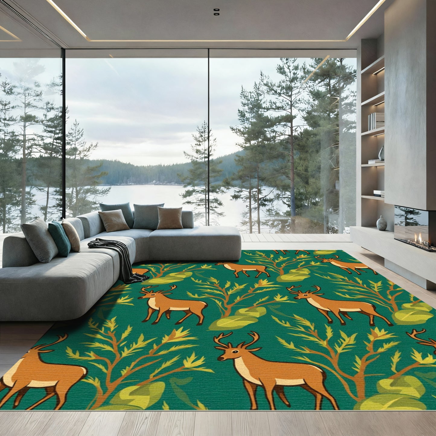 Woodland Deer Green Foliage Seamless Rug