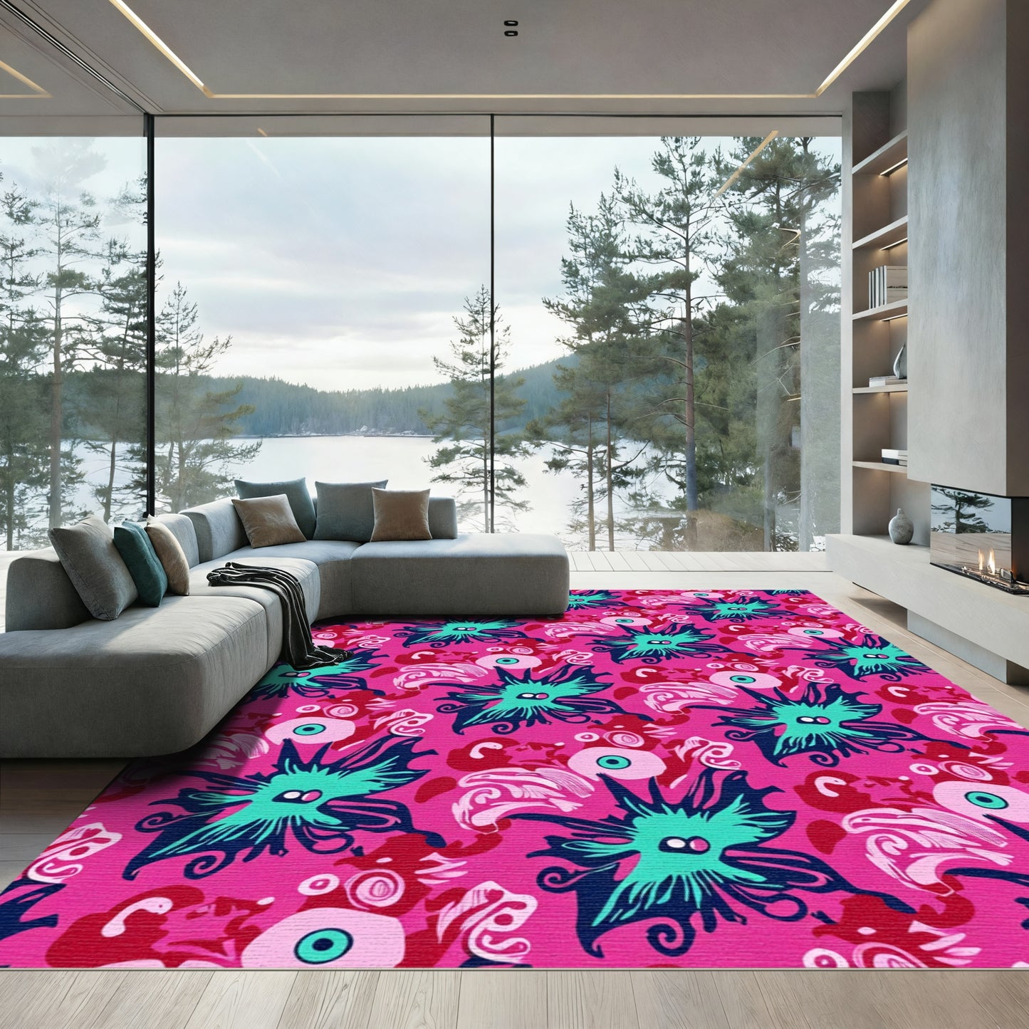 Whimsical Pink Green Floral Eye Rug