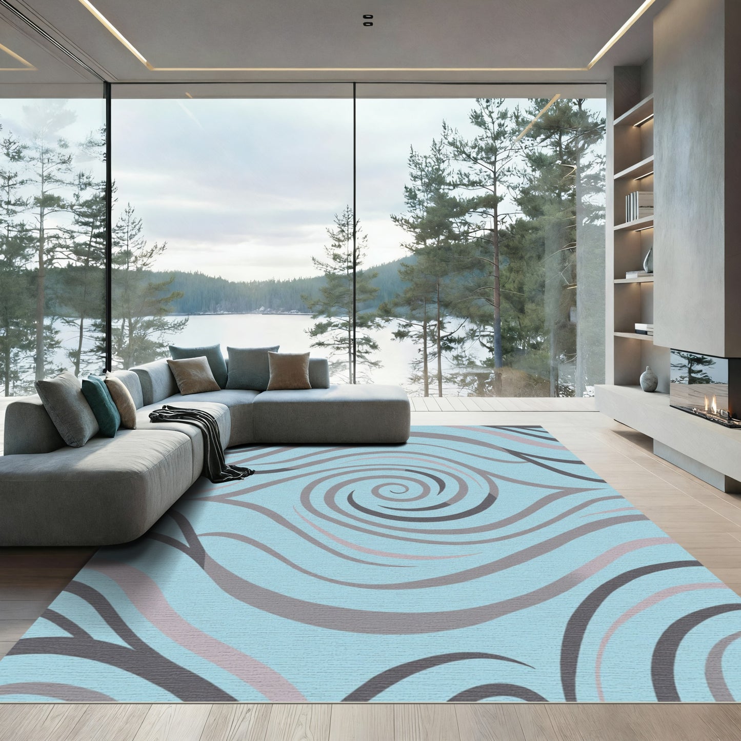 Blue Gray Swirl Wave Abstract Rug