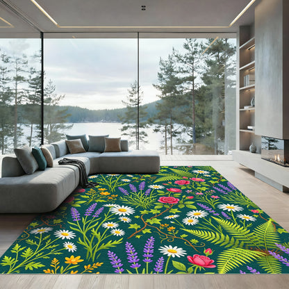 Deep Teal Floral Garden Rose Daisy Rug