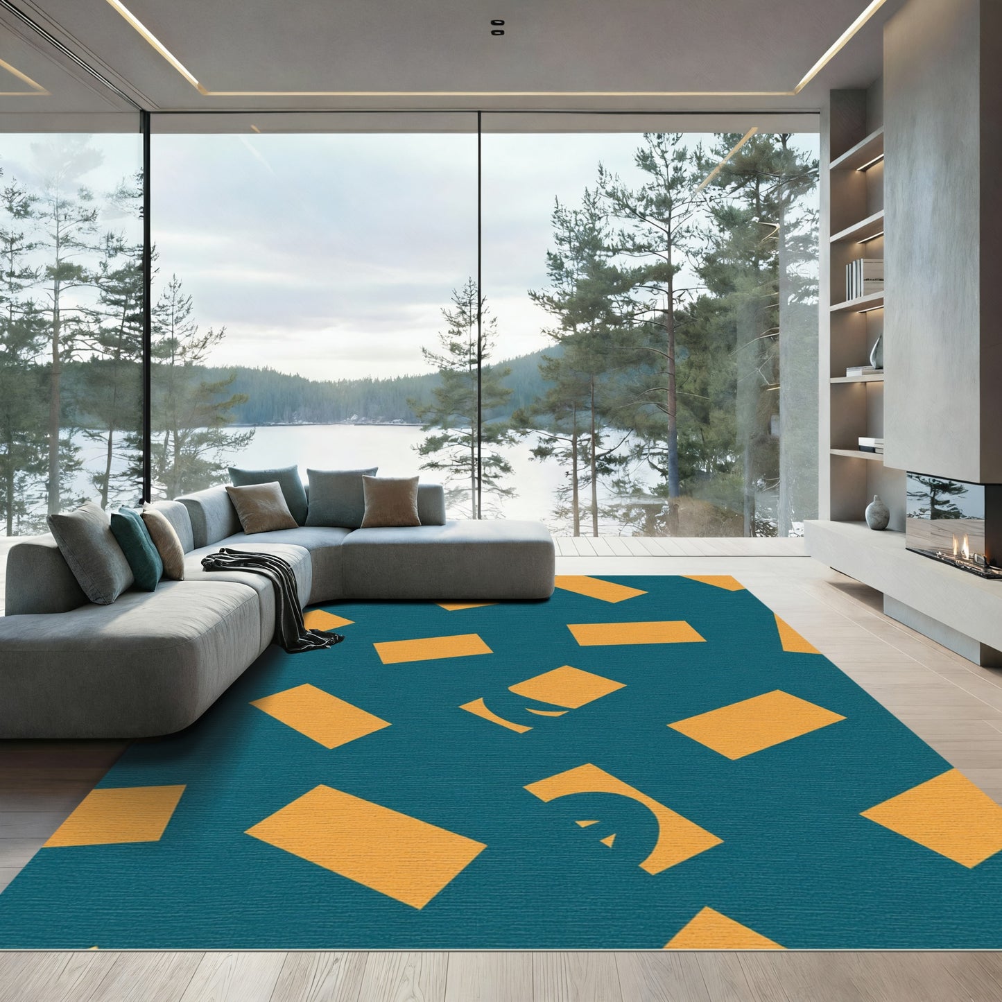 Teal Orange Rectangles Scattered Abstract Rug