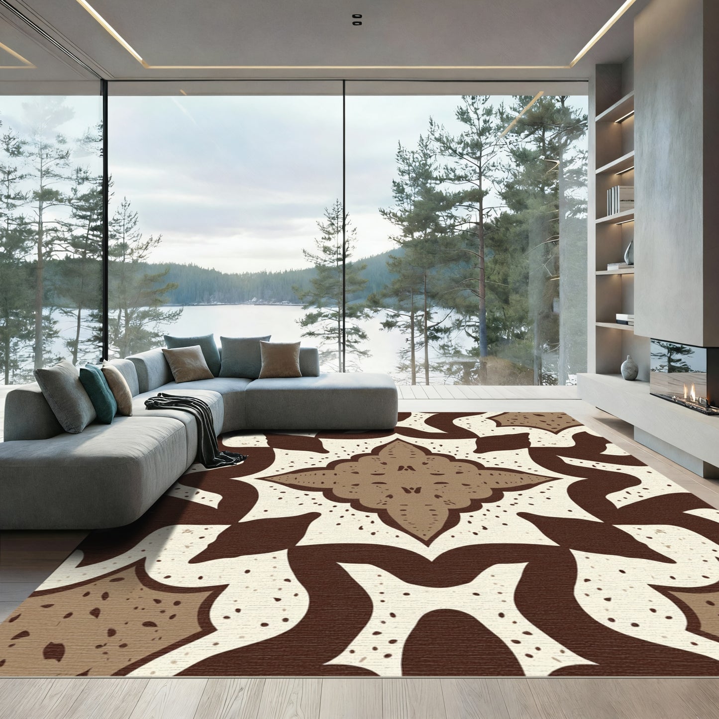 Cream Brown Interlocking Medallion Floral Rug
