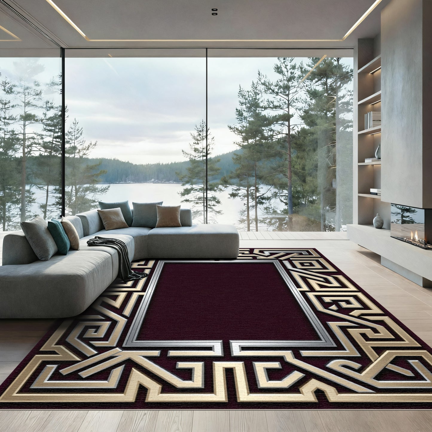 Metallic Gold Silver Geometric Maze Rug