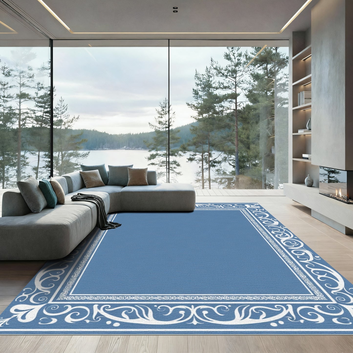 Blue White Scrollwork Celestial Border Rug