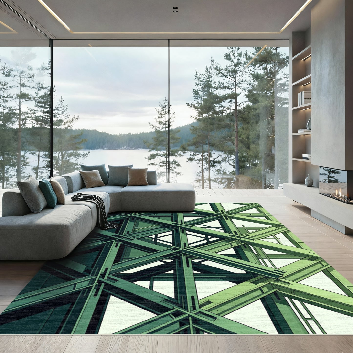 Green Geometric Steel Beam Composition Rug