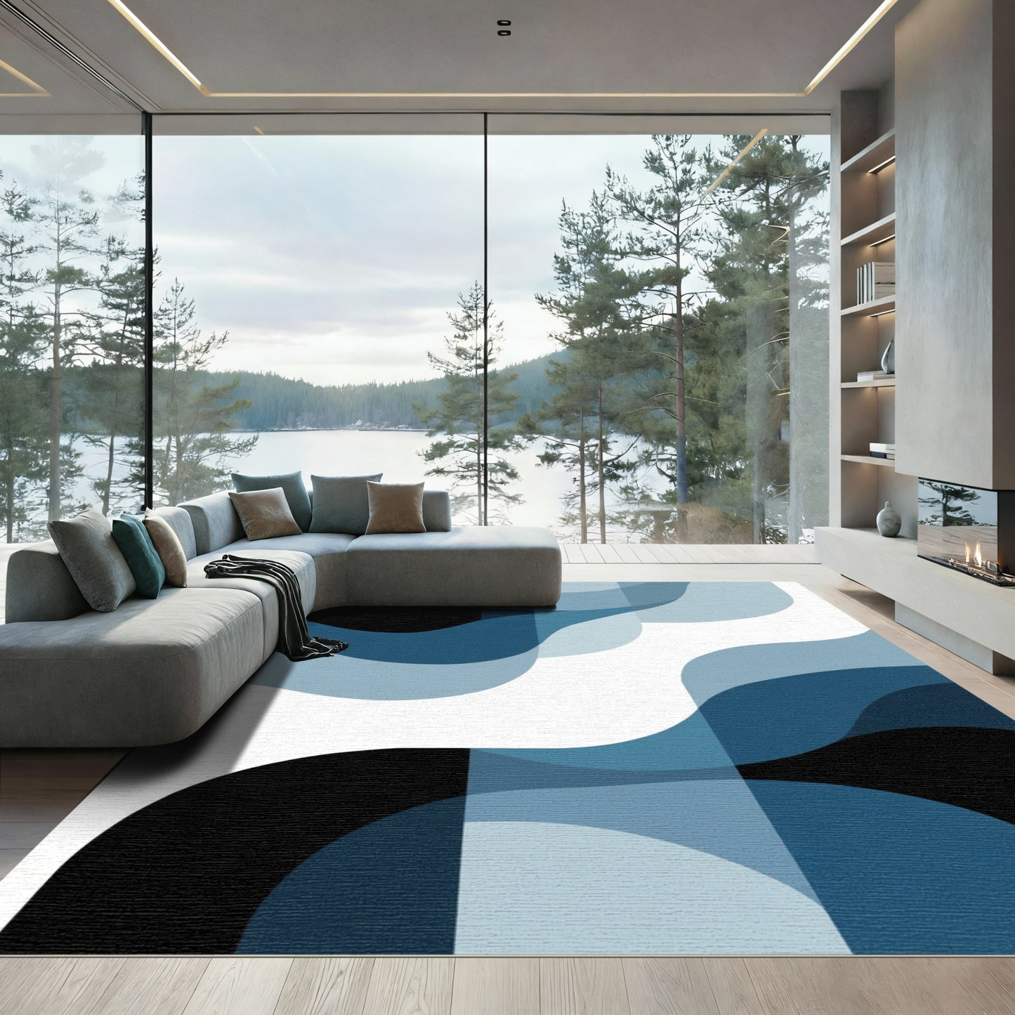 Abstract Blue Wave Overlay Rug