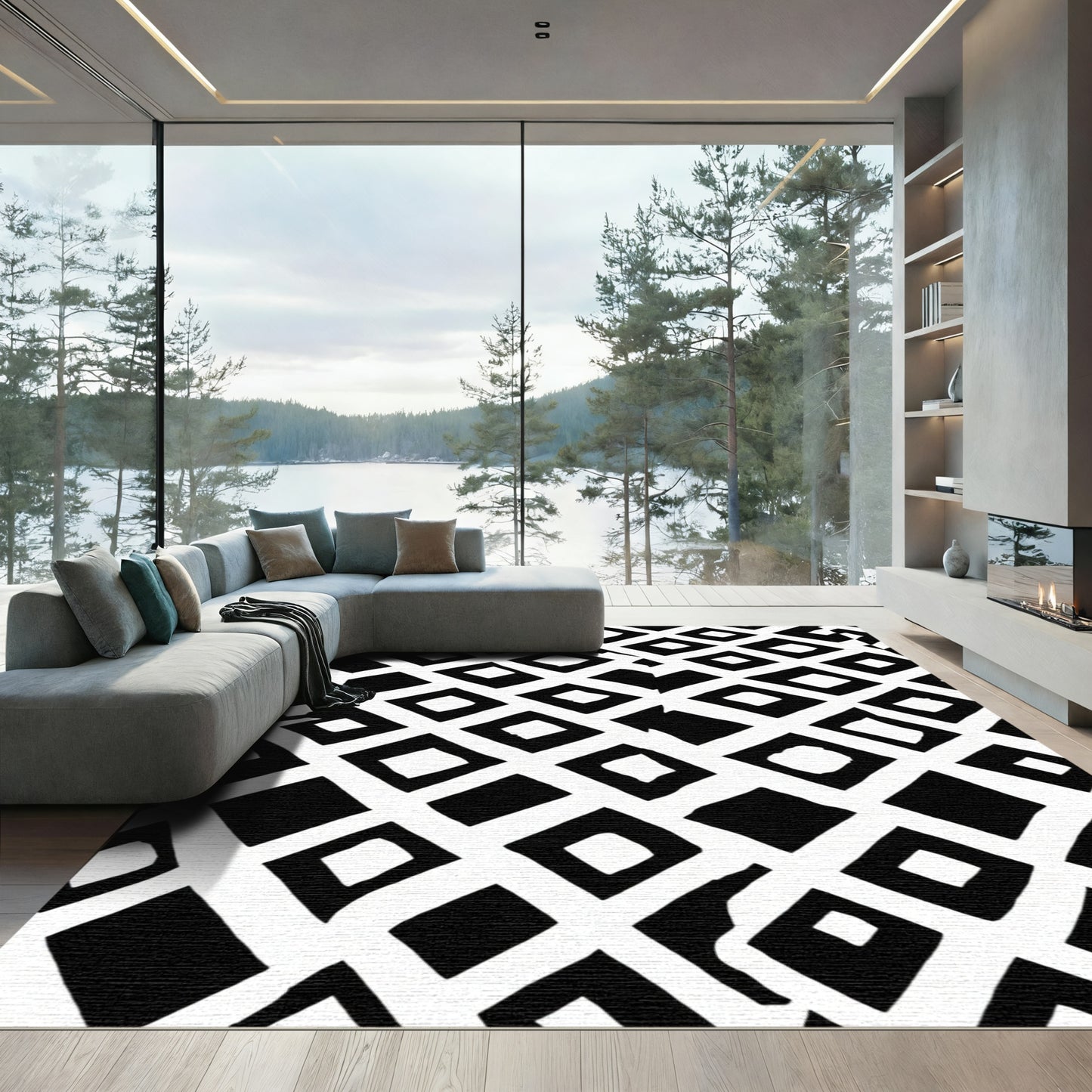 Bold Black White Diamond Overlay Rug