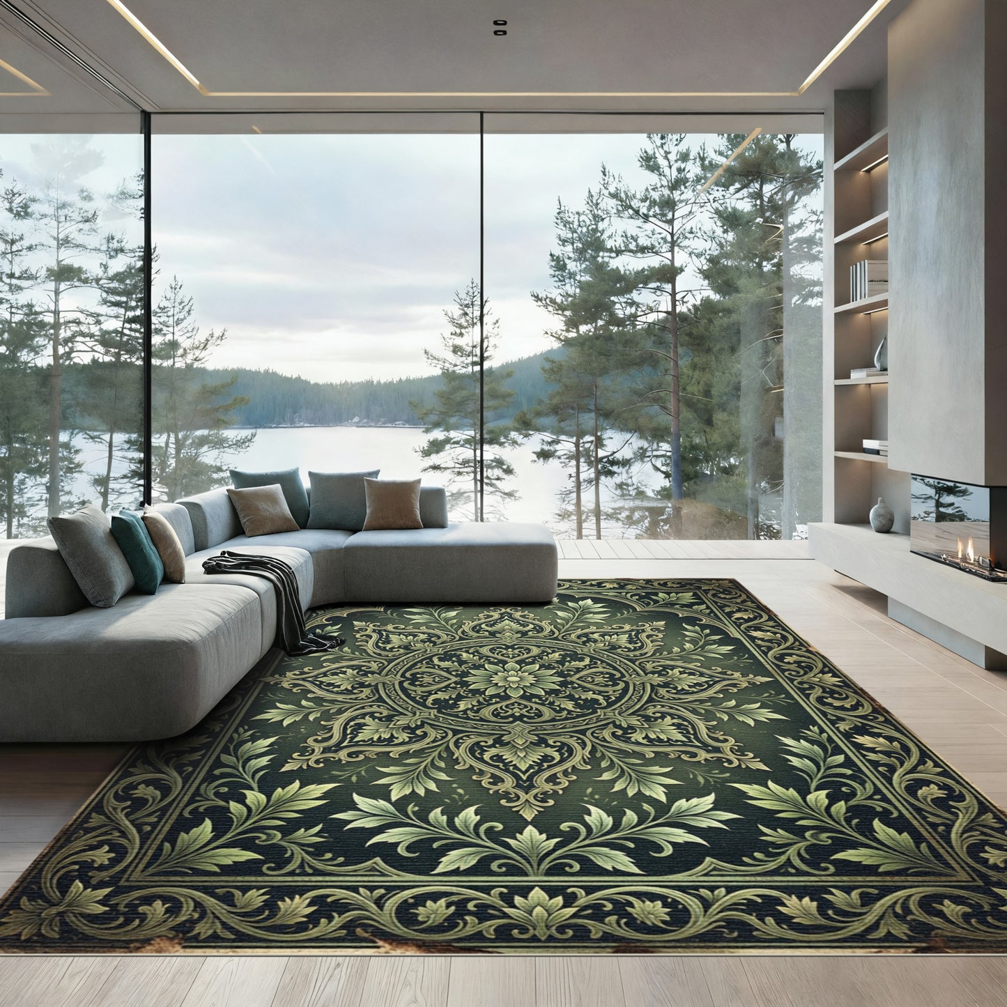 Elegant Verdant Foliated Floral Medallion Rug