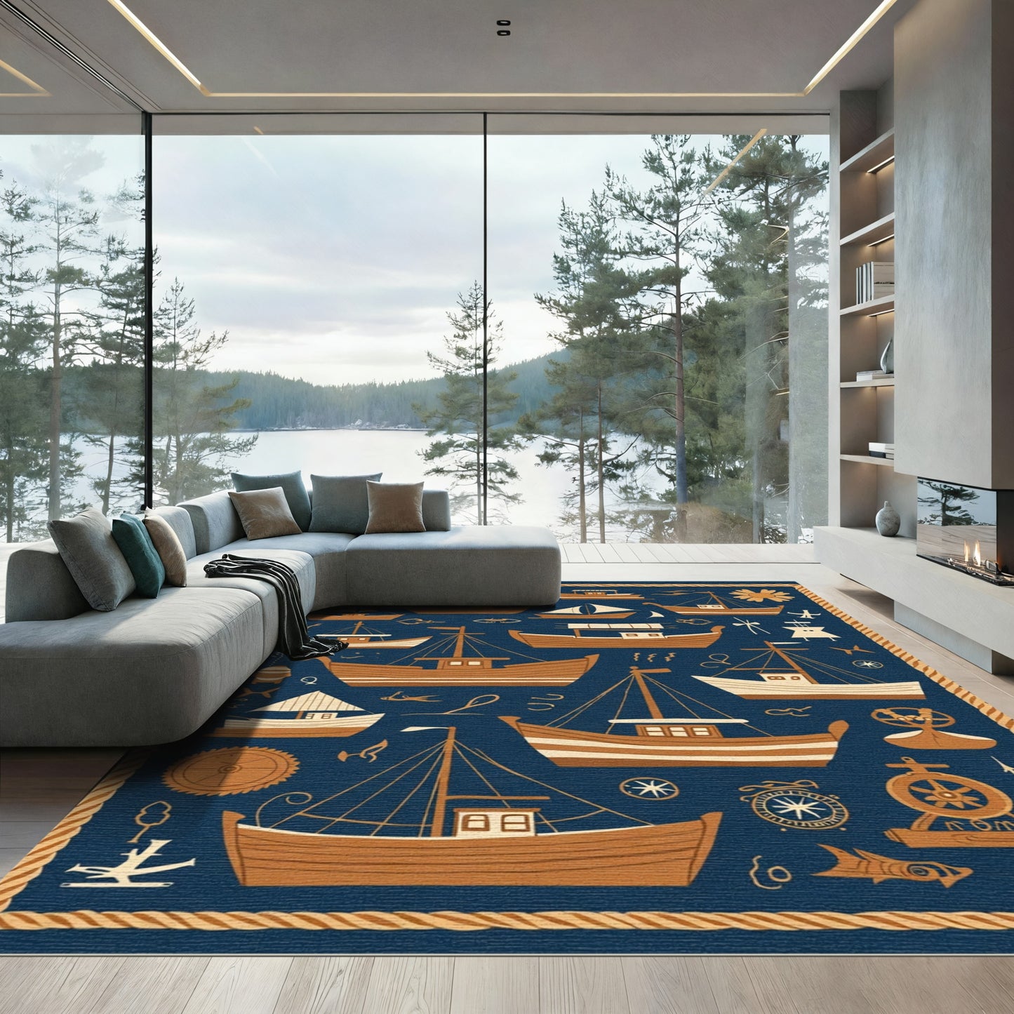 Nautical Boat Illustration Navy Blue Rug