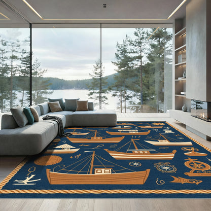 Nautical Boat Illustration Navy Blue Rug