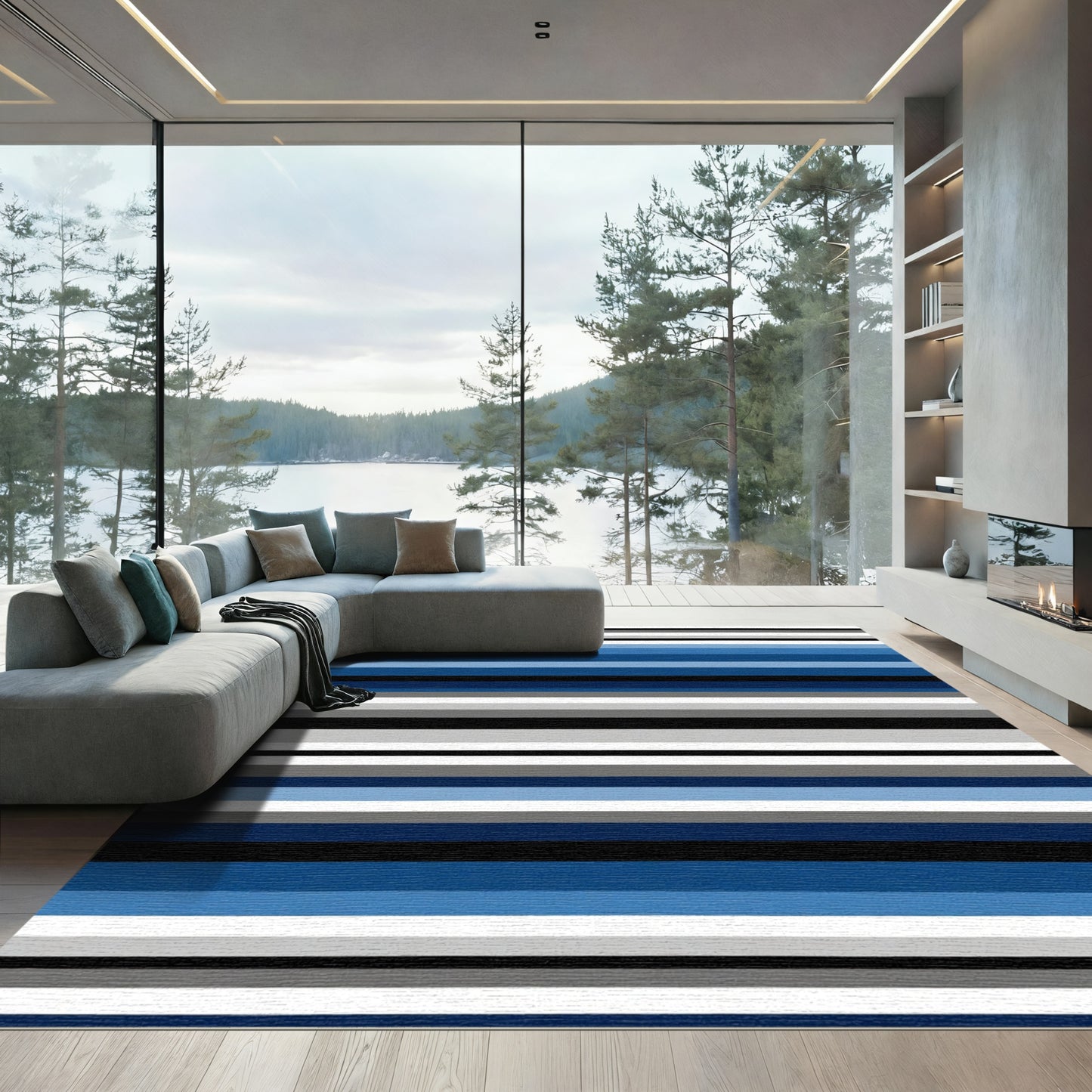 Modern Blue Grayscale Striped Rug