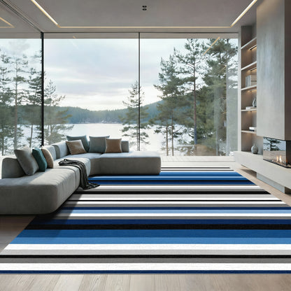 Modern Blue Grayscale Striped Rug