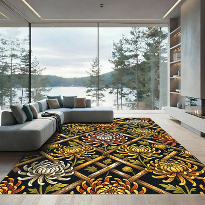 Golden Chrysanthemum Lattice Floral Trellis Rug